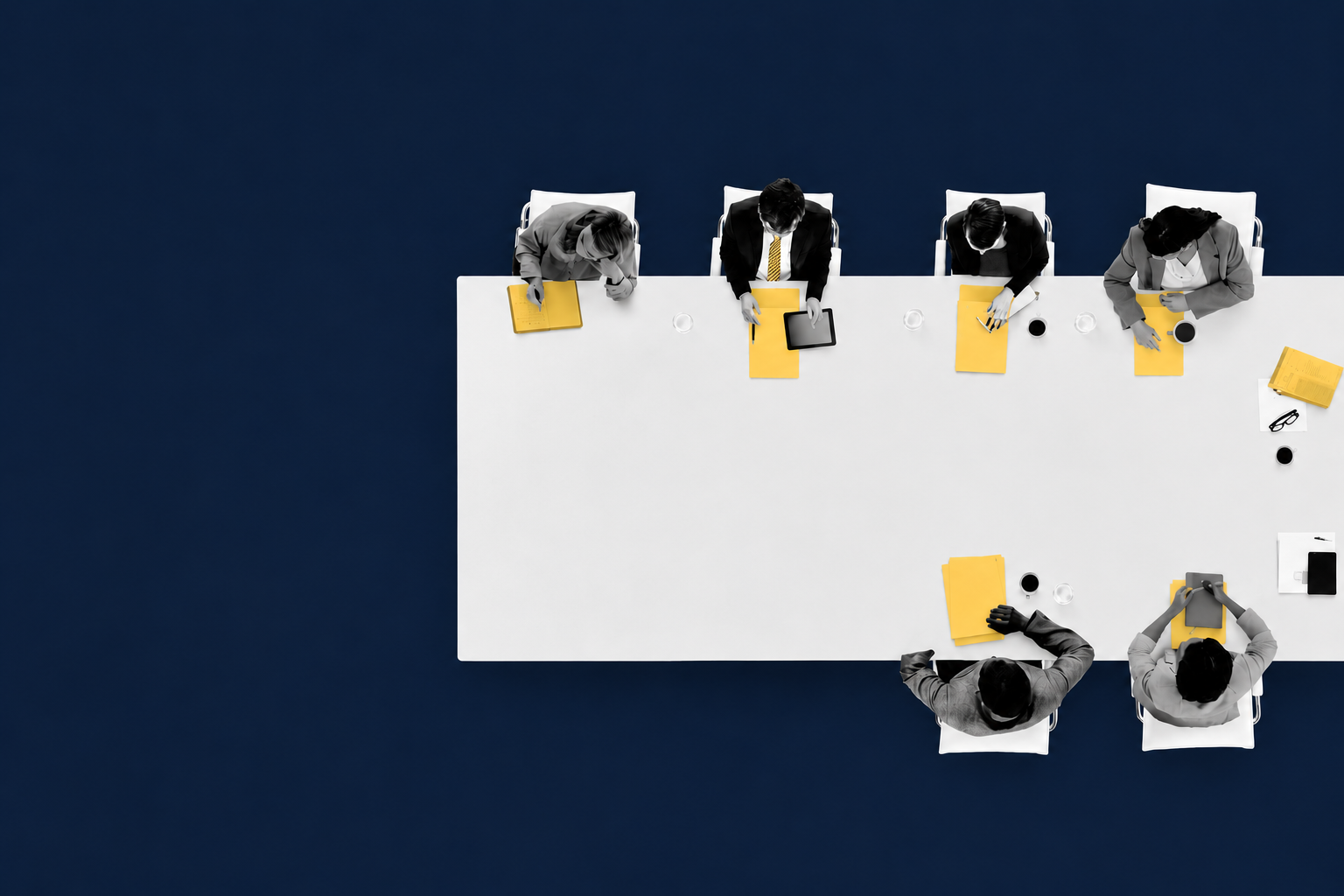 Overhead view of a boardroom meeting with yellow folders on a white table