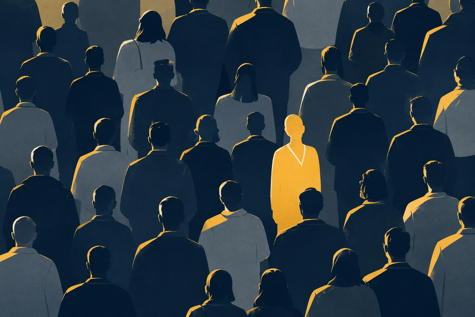 A single yellow figure standing out in a crowd of muted silhouettes