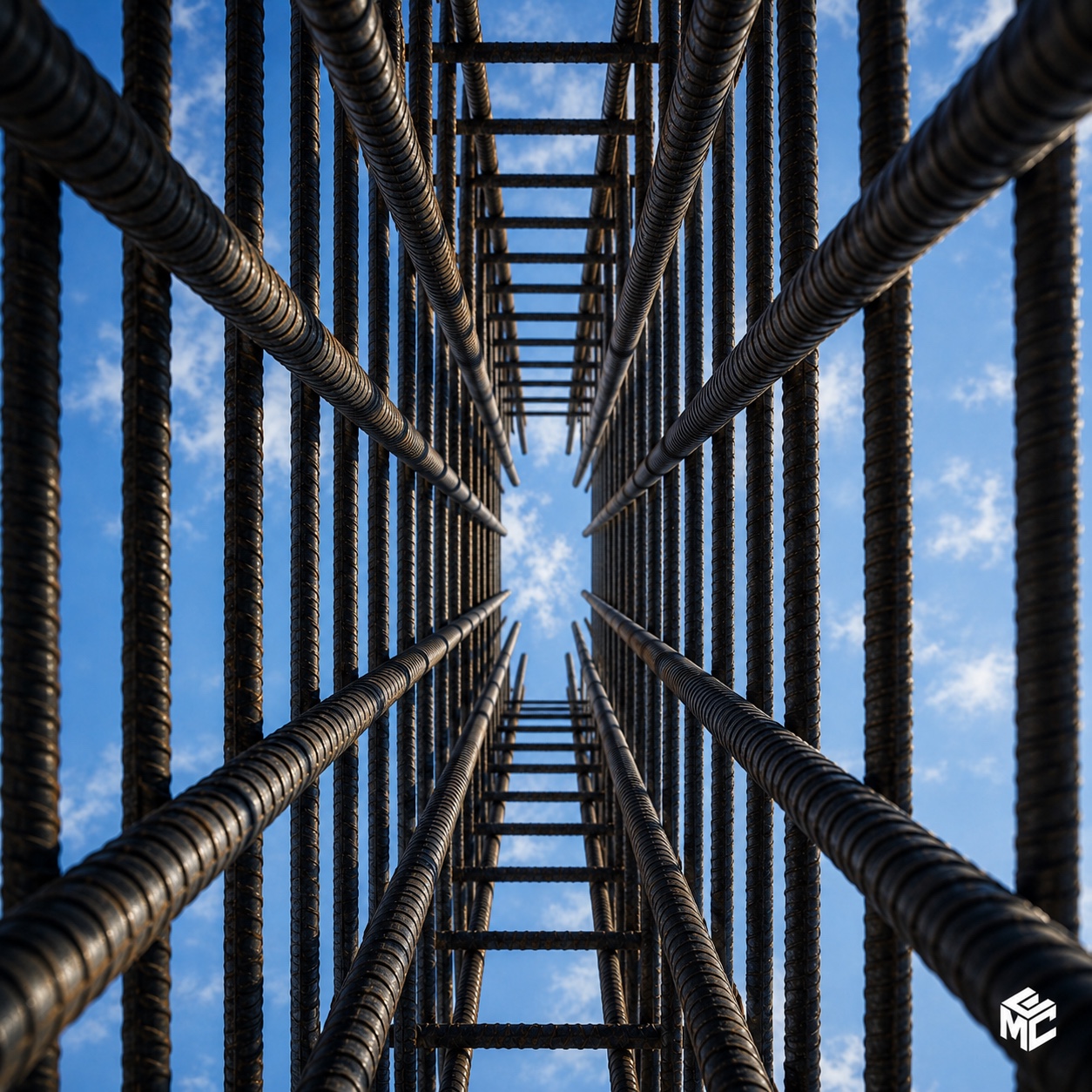Upward view through a rebar cage against a blue sky