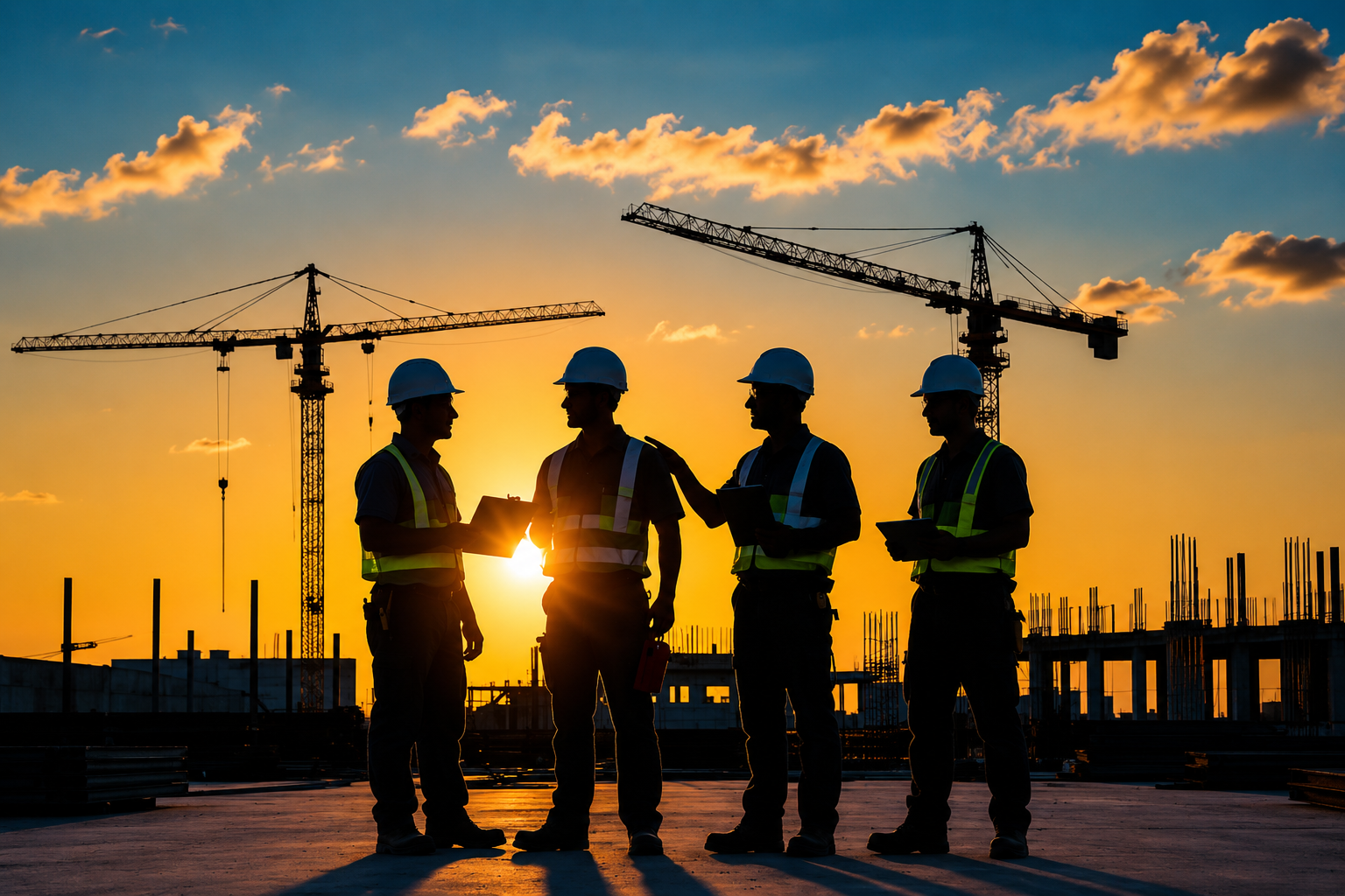 Construction team of four in hard hats and safety vests silhouetted against a sunset with tower cranes